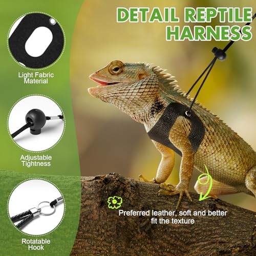 Image of Bearded Dragon Leash and Harness Set(S /M /L), 7.2 FT Nylon Leash with Rotating Hook Soft Leather Harness Lizard Tank Accessories for Outdoor Adventures