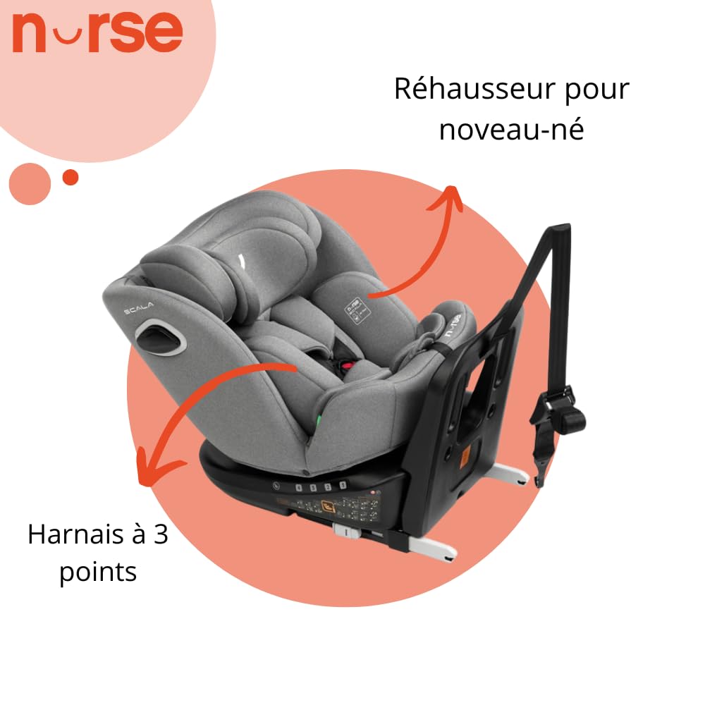 Nurse Scala Siège Auto i-Size 40–150 cm, Pivotant 360º, ISOFIX avec Top Tether, Dos à la Route et Face à la Route, Protection Latérale, Gris