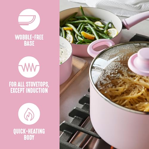 Image of GreenLife Soft Grip 8 Piece Cookware Set, Non-Toxic PFAS-Free Ceramic Nonstick, Frying, Sauce, Saute, Utensils, Glass Lids, Stay-Cool Handles, Wobble Free, Dishwasher & Oven Safe, Soft Pink