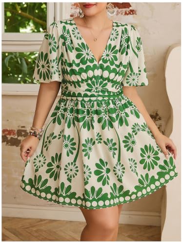 Image of Floerns Women's Plus Size Printed V Neck Short Sleeve Ruffle Hem Summer Short Dresses