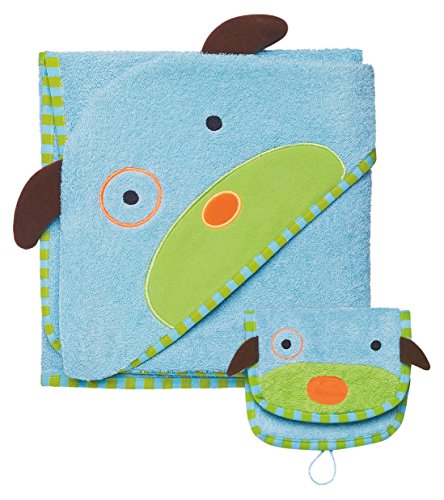 Skip Hop Zoo Baby Infant and Toddler Soft Cotton Hooded Bath Towel and Mitt Washcloth Set, Two Pieces, Multi, Darby Dog