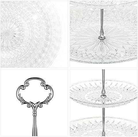 NWK 3/4-Tier Cake Stand with Clear Plastic Plates and Metal Struts Dessert Stable Tower Display Rack Serving Tray for Wedding Birthday Baby Shower Party Summer Afternoon Tea Silver