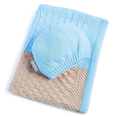 Sé Diseño Baby – Manta + Gorro | Colcha de punto (90 x 70 cm |, erstling techo o Puck Manta cama para bebé, Cochecito & Buggy de 100% algodón azul Streifen Patchwork Blau