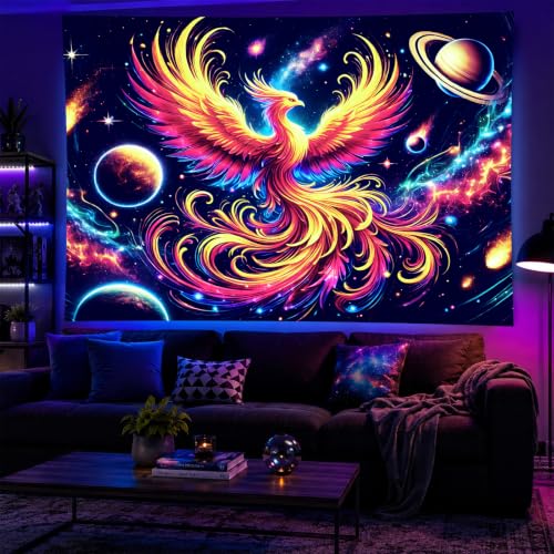 Image of BlissYard Phoenix Blacklight Tapestry 78x59 Inch Rainbow Rising UV Reactive Wall Hanging Cosmic Galaxy Scene Glow in Dark Backdrop Luminous Blacklight Tapestry Psychedelic Art