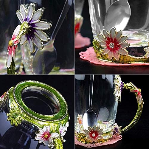 DasyFly Daisy Flower Tea Cup,Handmade Glass Enamel Coffee Mugs with Delicate Spoon and Gift Box,Perfect for Women, Wife, Mum, Girl, Teacher