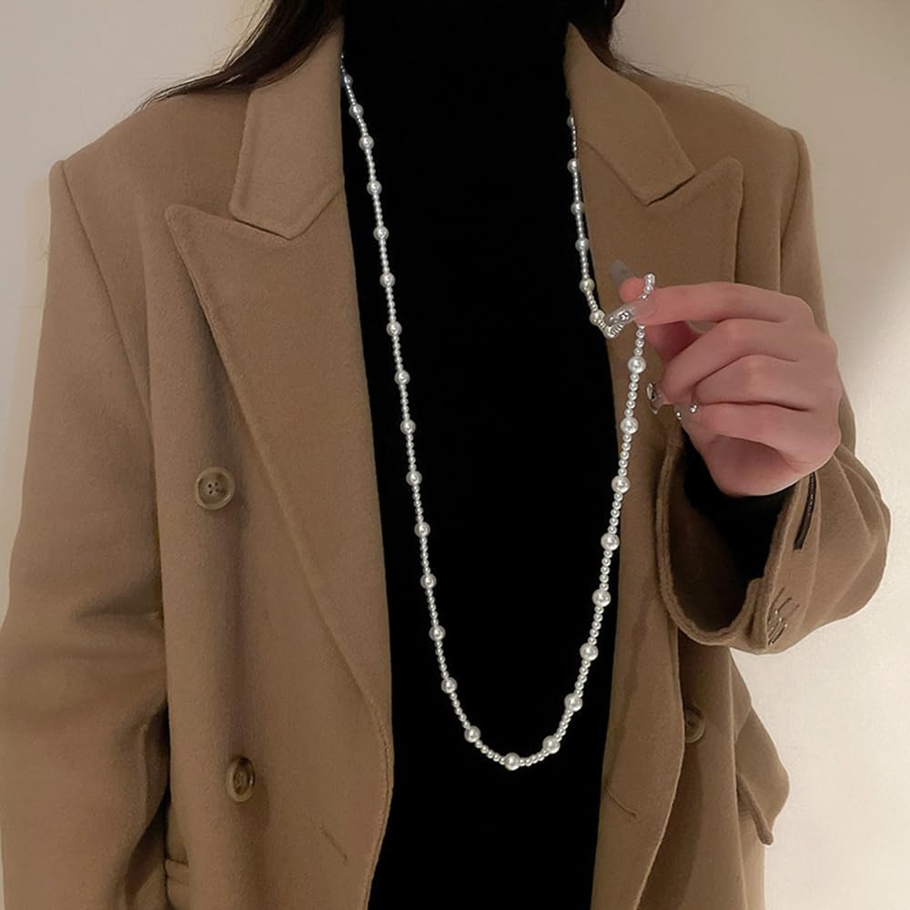 Jumwrit Vintage Layered Pearl Choker Necklace Dainty Chunky Station Chain Multi Strands Pearl Beaded Necklace Boho Party Long Pendant Necklace Statement 1920s Flapper Accessories for Women - Image 4