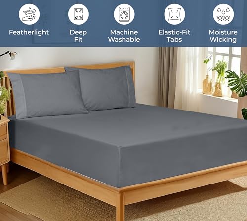 Image of Royale Linens 100% Organic Cotton Fitted Sheet - Percale Weave - Super Soft Deep Pocket Bottom Sheets - Grey Elastic Sheet Queen Size - Queen Fitted Sheets Only - (60 inchx80 inch+15 inch, Grey)
