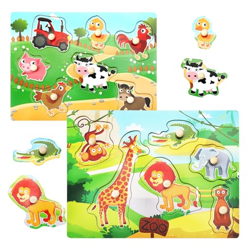 HENGBIRD 2 Piezas Rompecabezas de Madera niños, Rompecabezas de Madera Puzzles de Madera, Granja de Animales de la Selva Juguete de Madera, Montessori Juguete Educativo para bebé niño niña