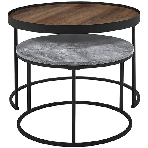 Walker Edison Modern Industrial Wood Round Coffee Nesting Tables Living Room Accent Ottoman Storage Shelf, 30 Inch, Rustic Oak #TOP7