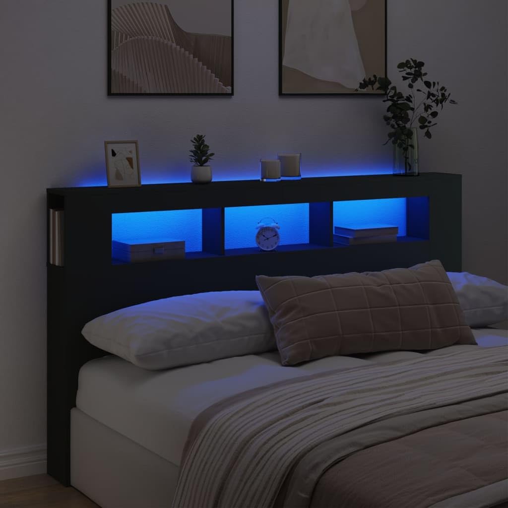 Emmtore Cabecero con LED Cabecera con Almacenaje Cabezal de Cama Cabecero para Dormitorio Madera de Ingeniería Negro 180x18,5x103,5 cm