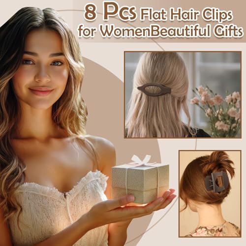 8 Pcs French Flat Hair Clips for Women, 2 Styles Large Matte No Slip Strong Hold Flat Claw Clips for Thick Thin Hair (Neutral Color)
