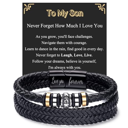 BMMYE Gift for Son Mens Leather Bracelets Birthday Personalised Mens Bracelets Presents Cool Sons Bracelet Gifts from Mum To My Son Bracelet with Box Valentines Day Fathers Day Gifts for Sons Adult