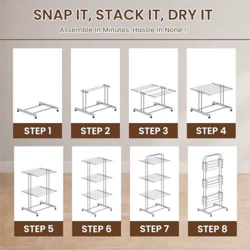 Image of LAPO Stainless Steel Cloth Drying Stand with Wheels | 3 Tier Foldable Laundry Rack | Side Wings & Hanger Rails | Rust Resistant Portable Clothes Dryer | Home, Balcony, Indoor & Outdoor Use
