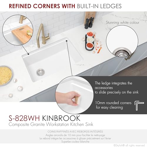Image of Stylish 28 x 18 Inch Composite Granite Workstation Kitchen Sink, Single Bowl Under Mount & Drop in, 9.5 in Deep, with Bamboo Cutting Board, Roll-Up Drying Rack, Colander & Strainer, White, S-828WH