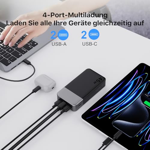 NOBIS 45W Power Bank Powerbank 20000mAh Schnellladung, 2×USB‑C (in/Out) & 2×USB‑A, Digitalanzeige & Kleinstrommodus, Kompatibel mit Phone 17 S25 5