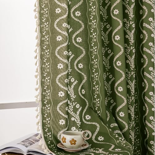 Image of Olive Green Floral Curtains 54 Inch Long for Living Room, Bedroom, 2 Panels Boho Farmhouse Vintage Tassel Semi Sheer Privacy Window Curtains Drapes with Rod Pocket