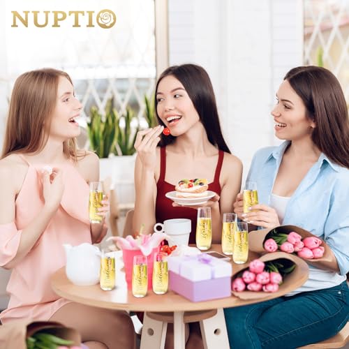 NUPTIO Champagne Glasses Bridal Shower Gift: Set of 8 Stemless Party Prosecco Flutes Tumbler Bride Bridesmaid Maid of Honor Wedding Clear Silver Embossed - Image 3