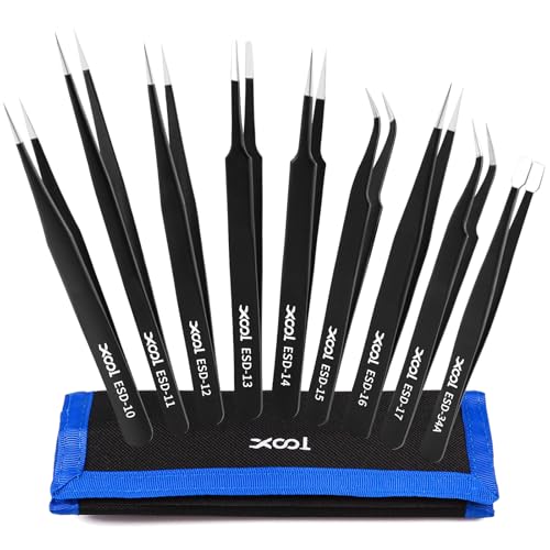 XOOL 9 PCS ESD Precision Tweezers Set, Anti-Static Stainless Steel Tweezers Kit for Electronics, Soldering, Craft, Jewelry, Model Building by XOOL - Used condition - US$10.56