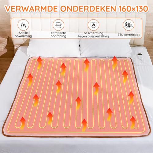 Mia&Coco Heizdecke mit Abschaltautomatik, 160 x 130 cm, Wärmeunterbett mit 12-Stunden-Timer und 3 Wärmestufen, LED-Anzeige, Überhitzungsschutz, Wärmedecke für Gängigen Matratzen,Maschinenwaschbar