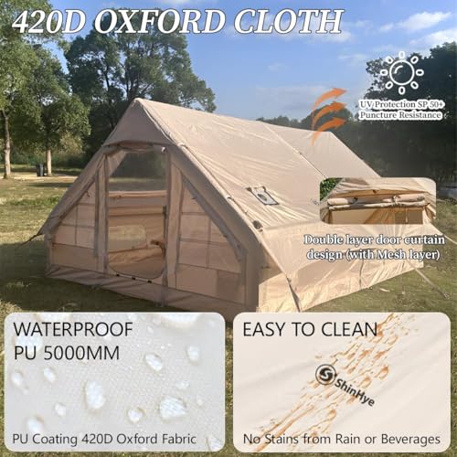 Image of Inflatable Tent for Camping Large Blow Up Tent Glamping Tent 4-8 Person House, Easy Set up Waterproof Outdoor Oxford Tents, 4 Season Air Tents with Pump