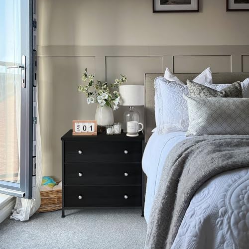 BOLUO Black Nightstand with Fabric Drawers, Large Night Stand 3 Drawer Dresser for Bedroom, Closet, Kids, Girls Modern - Thumbnail 3