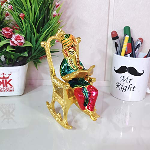 Image of KridayKraft Metal Chair Ganesh ji Reading Book with Meenakari Work,Ganesha Metal Statue for Pooja & Home, Office Decor, Car Dashboard Religious Showpiece for Decoration & Gifting Article