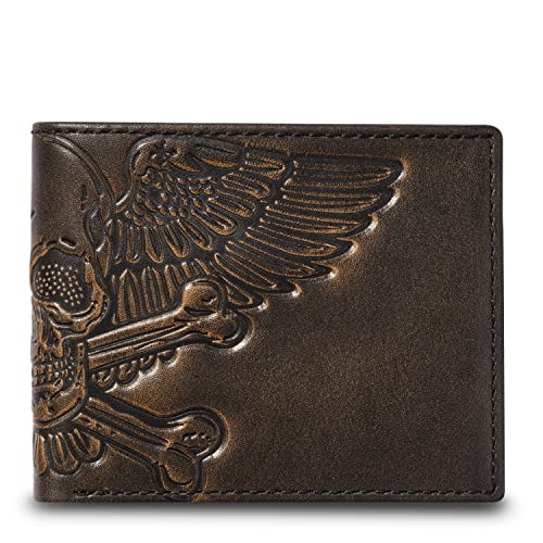 Hoj Co. Skull Bifold Wallet | Slim Wallet For Men | Winged Skull With Crossbones Billfold | Biker Wallet | Hand Burnished Full Grain Leather | Men's Gift #TOP12