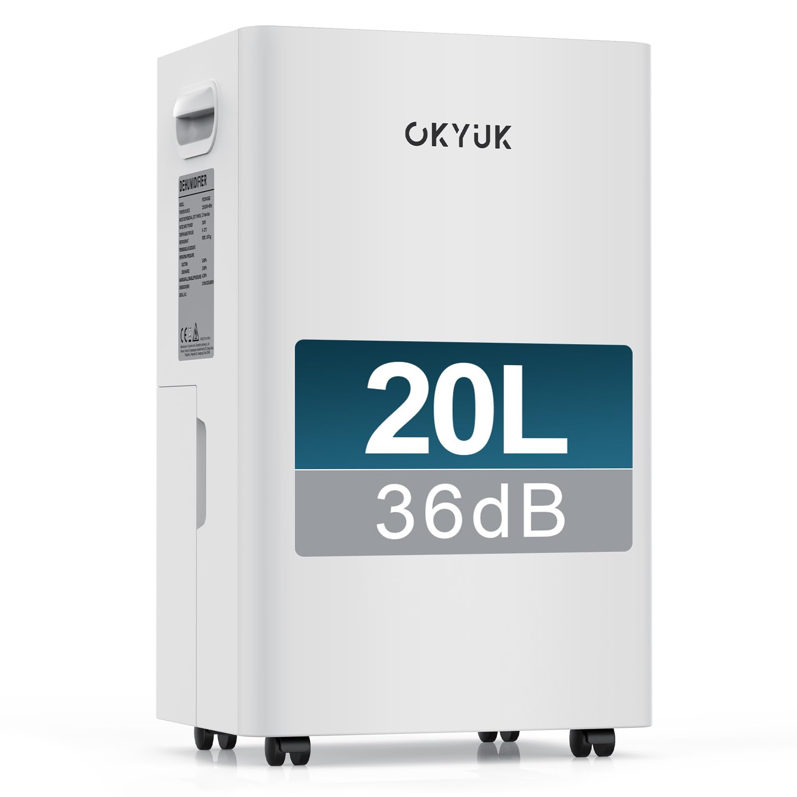 OKYUK Deumidificatore 20L/Giorno, deumidificatore casa 5.5L serbatoio d'acqua, 60 m²con spegnimento automatico Timing 24H, bagno, camera da letto, cantina.Sost. 1 anno, Garan. 10 anni. (20L Bianco)