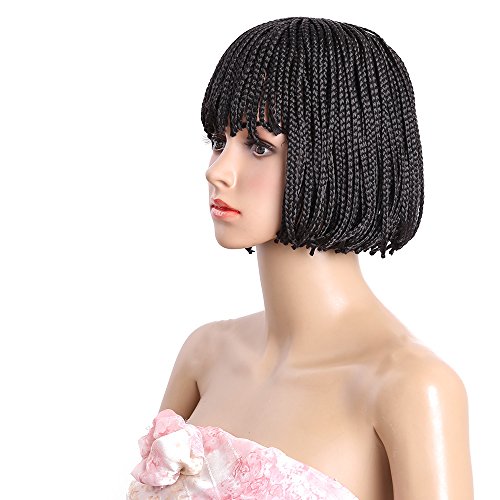 10-12 Inch Synthetic Short Box Braid Wigs Straight Short Hair Bob Wigs with Flat Bangs Cheap Black Bob Wig Synthetic Womens Wigs for Black Women (10 Inch, Black)