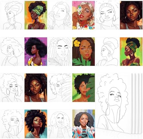 Sherr 10 Pcs Pre Drawn Canvas for Painting Preprinted Stretched Cotton Canvas for Adults Pre Drawn Outline for Valentines Couple Date Night Sip and Paint Party Favor(Novel Afro Queen,8 x 10 Inch)