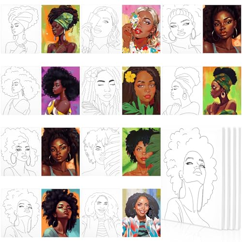Sherr 10 Pcs Pre Drawn Canvas for Painting Preprinted Stretched Cotton Canvas for Adults Pre Drawn Outline for Couple Date Night Activity Sip and Paint Party Favor(Novel Afro Queen 8 x 10 Inch)