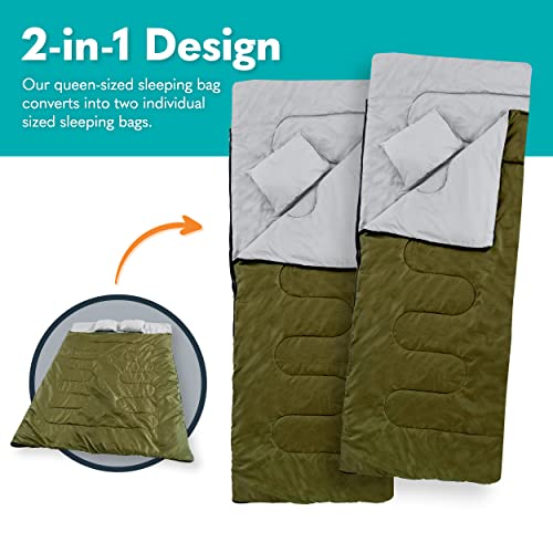 Sleepingo Double Sleeping Bag For Backpacking, Camping, Or Hiking. Queen Size Xl! Cold Weather 2 Person Waterproof Sleeping Bag For Adults Or Teens. Truck, Tent, Or Sleeping Pad, Lightweight #TOP3