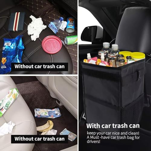 Image of LUO&GEFIK Car Trash Can with Steel Bars & Leak-Proof Lining - Foldable 2 Gal Vehicle Garbage Bin, Adjustable Strap for SUV /Truck, Storage Pockets for Car Organizing (Black).