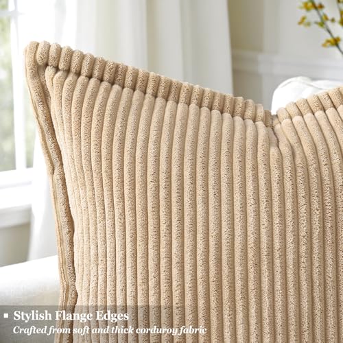 decorUhome Corduroy Light Brown Throw Pillow Covers 20x20 Set of 2 Decorative Soft Boho Striped Neutral Euro Farmhouse Couch Pillow Cases with Broadside for Living Room Bed Sofa