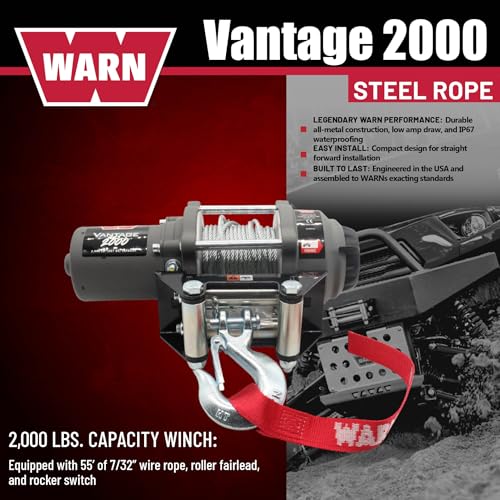 Image of WARN Vantage 2000 12V DC Electric Winch for ATV UTV Side-by-Side - 2000 lb Pulling Capacity, 55 Ft Steel Wire Rope, Fully Sealed Motor, Planetary Gear System, Roller Fairlead (Model 108212)
