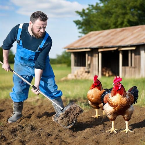 Image of 10 Inch Large Metal Chicken Poop Scooper, Detachable Tool 60 inch Long Metal Chicken Coop Poop Litter Scoop with Stainless Steel Handle, 4 in 1 Multifunctional Chicken Coop Accessories Litter Scooper