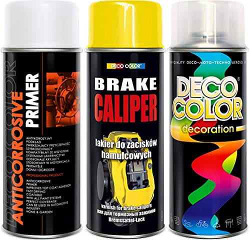 Deco Color Brake Caliper Deluxe 3 Items KIT Drum Primer Paint Protective Clear Coat Spray Gloss Moto Sport CAR Tuning Vehicle (Yellow Deluxe kit)