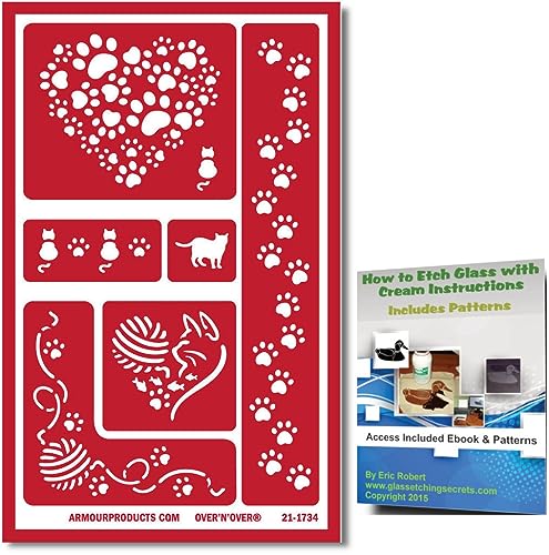 Cat Reusable Adhesive Vinyl Stencils: Pet Cats with Paw Prints, Yarn, and Heart Template Stencil Designs + How to Etch Ebook