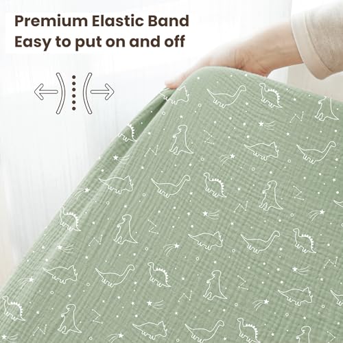 Image of Konssy Muslin Crib Sheets for Boys, Soft Cotton Neutral Baby Sheets for Standard Crib Mattress 2 Pack, 52 inchx28 inch (Dino Jungle,Sage Dino)