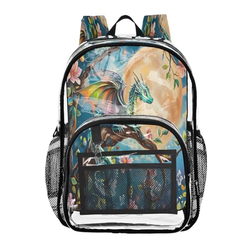 Clear Backpack for School Dragon Perched Moon Transparent Bookbag for Girls See Through PVC Boy Backpacks