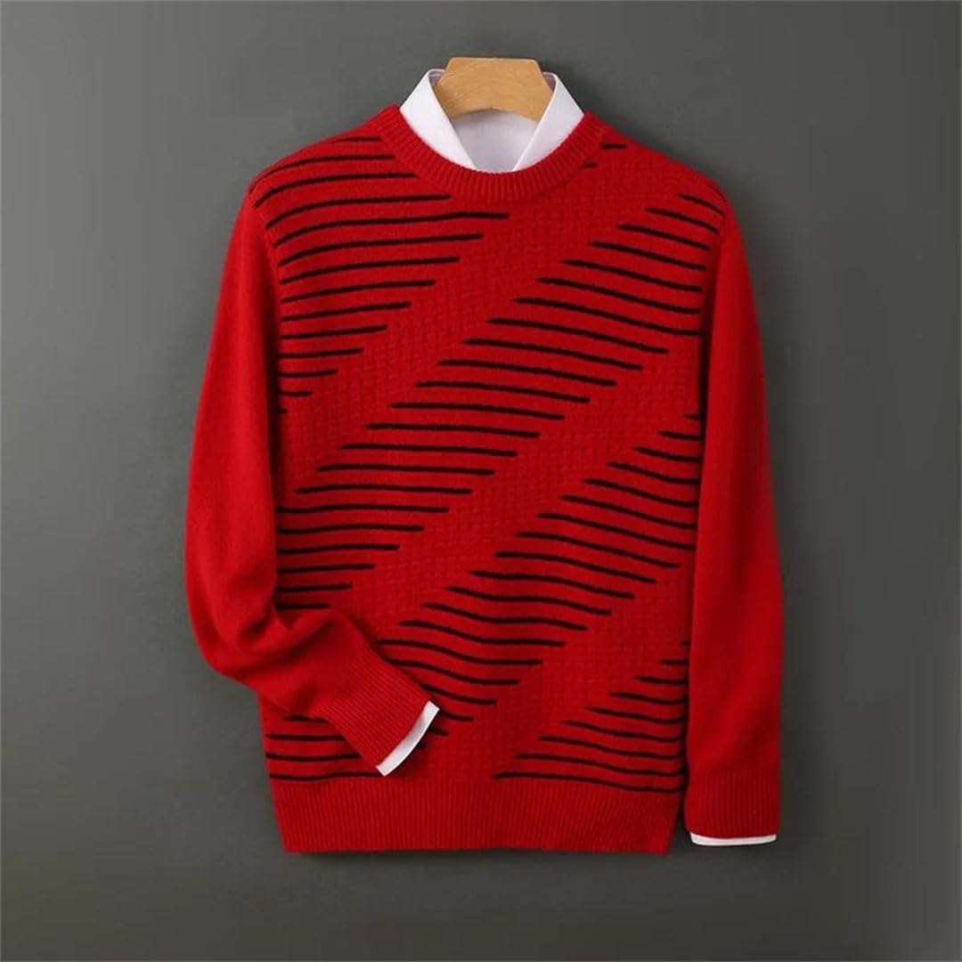 Męski zimowy 100% solidna wełna luźny okrągły dekolt dopasowany kolorystycznie sweter dzianinowy kaszmirowy sweter., Czerwony, 3XL