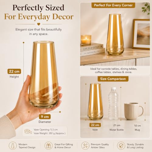 Image of Amber Glass Flower Vase for Home Decor, 22 cm Decorative Vase for Fresh & Artificial Flowers, Pampas Grass, Modern Nordic Centerpiece for Living Room, Dining Table & Office