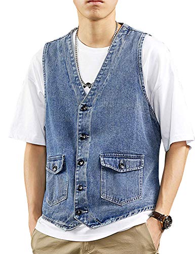 Men's Cool Western Cowboy Button Down Vintage Wash Denim Vest Jacket