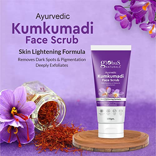 Image of Globus Naturals Ayurvedic Kumkumadi Skin Lightening Face Scrub, Enriched with Walnut & Lotus Extract, Chemical Free, Cruelty Free, Suitable For All Skin Types, 100 ml, Pack Of 2
