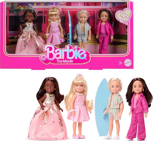 Barbie O filme Chelsea Pack de 4 bonecos colecionáveis, inclui, Ken, presidente e glória com conjuntos intercambiáveis, JBH77