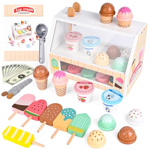 Euakee Heladería Niños de Madera, Accesorios de Cocina Infantil Tienda de Accesorios, Heladería Infantil Juego de rol Juguetes de Madera Juguete Montessori Regalo para Niños Niñas a Partir de 3 Años