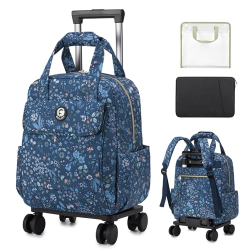 BAGZY 25L Rolling Backpack Waterproof Rolling Teacher Bag with Laptop Compartment Travel Backpack with Wheels Laptop Bag with Wheels Rollings Briefcase for Women Men Blue Flowers