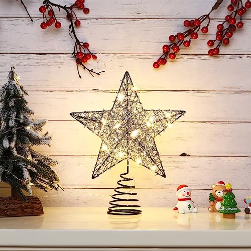 Roylvan Star Tree Topper, Battery Powered Christmas Star Treetop With Timer Decorative Light With Silver Strips, 20 Led Light Xmas Metal Wire Tree Top Ornament For Home Decor Indoor Outdoor Use, Black #TOP7