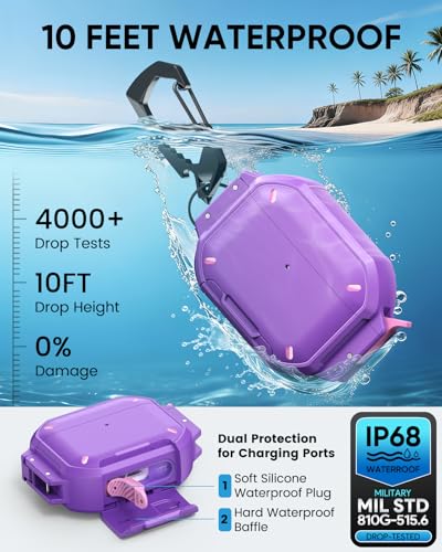 Image of MoKo for AirPods Pro 3 Case with Secure Lock - IP68 Waterproof Case for iPods Pro 3, Military-Grade Protective Cover Earpods Pro 3 with Keychain, Phone Stand & Cleaner Kit, Purple