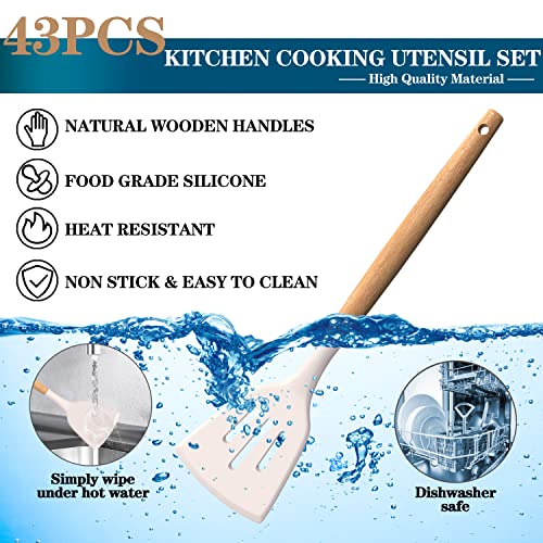 Silicone Cooking Utensils Set, 43Pcs Non-Stick Heat Resistant Kitchen Utensils Spatula Set With Wooden Handle For Baking, Cooking, And Mixing, Best Kitchen Gadgets Tools With Holder (White) #TOP2
